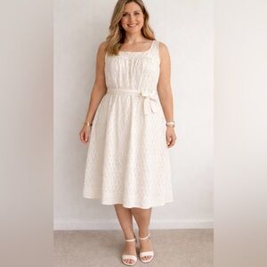 Liz Claiborne Cream Eyelet Belted Midi Dress with Waist Pockets Size 12